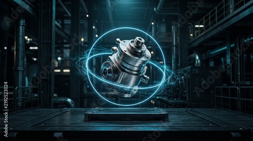 Futuristic metallic mechanical turbine part floating inside glowing neon light rings in modern automated factory symbolizing smart industrial engineering concept