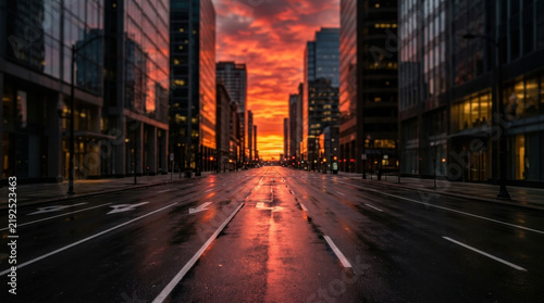 Empty wet city street with towering skyscrapers reflecting a dramatic fiery sunset sky in downtown