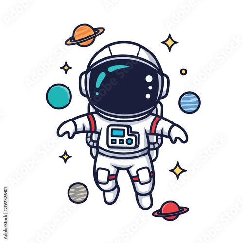 Cartoon astronaut floating in space with planets.
