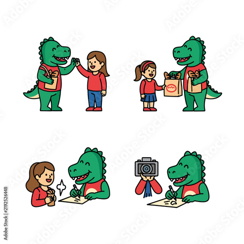 Cartoon Dinosaur and Girl in Friendly Activities.
