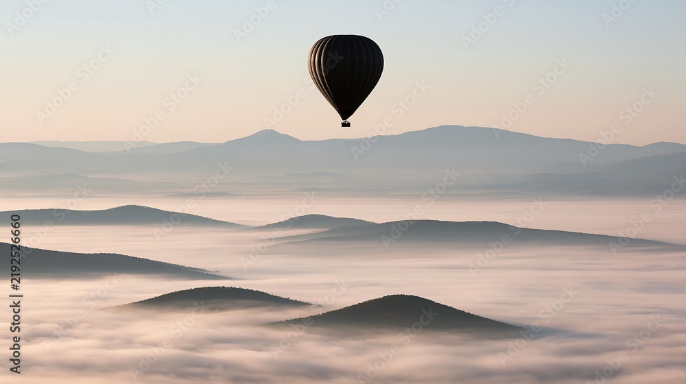 Fototapeta premium Black hot air balloon floats above misty mountain