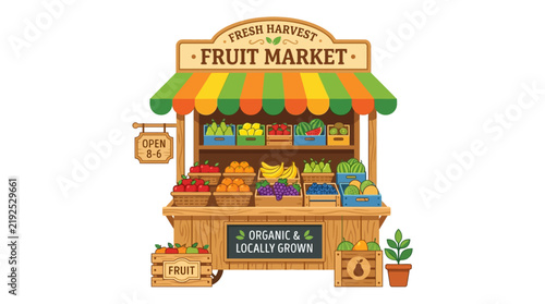 Vibrant Fruit Market Stall with Fresh Produce and Signage
