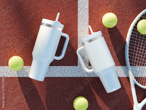 White insulated tumbler mockup on tennis court with racket and balls