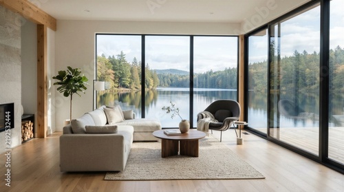 Modern living room overlooks calm lake and forested shores. Large windows frame serene natural scenery. Light wood floors and minimalist furniture create cozy atmosphere