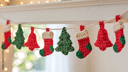 Handmade crocheted Christmas garland with stockings and trees hanging on a white wooden mantel