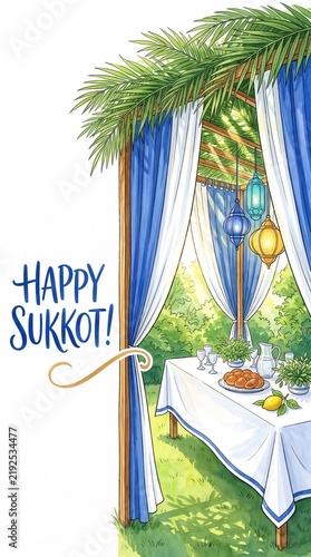 Happy Sukkot greeting card with festive sukkah and holiday table, elegant vertical line art illustration on white background with generous copy space