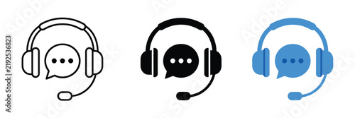 Headset with speech bubble icon set. Customer service and call center communication symbols in outline, black, and blue styles for support, chat, help desk, and remote assistance.