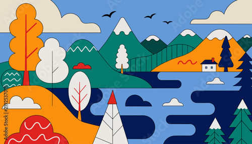 Vibrant Geometric Landscape with Mountains, Lake, and Trees. Abstract Nature Scene.