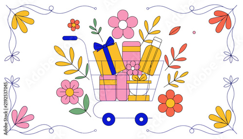 Shopping Cart Filled with Gifts and Flowers, Spring Sale, Illustration