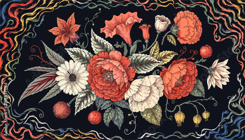 Vibrant Floral Arrangement Illustration with Decorative Border, Vintage Botanical Art