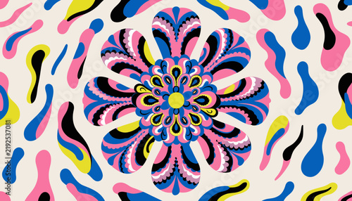 Vibrant Psychedelic Flower Pattern with Organic Shapes - Abstract Retro Digital Art