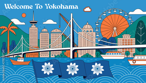 Welcome to Yokohama: Vibrant Cityscape with Landmark Bridge, Ferris Wheel, and Harbor Scene