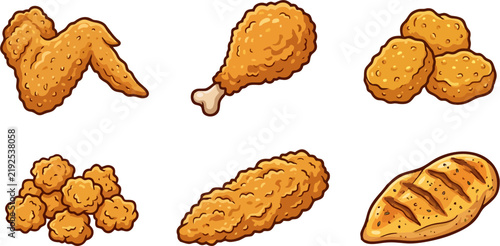 Crispy Fried Chicken Collection Set with Wings, Drumstick, Nuggets, Tenders and Breaded Chicken Illustrations