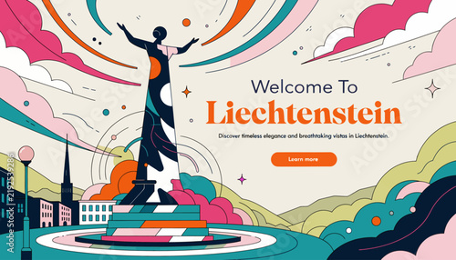 Welcome to Liechtenstein, illustration of a statue in front of a colorful cityscape