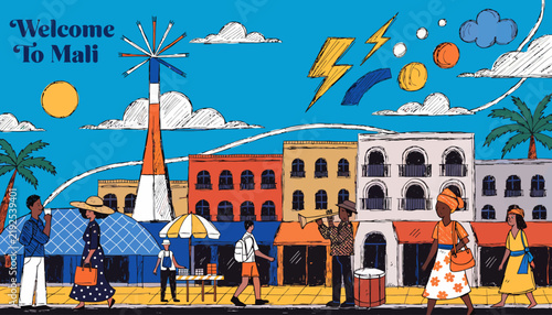 Welcome to Mali, vibrant city street with people and colorful buildings