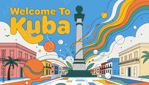 Welcome to Kuba: Vibrant Havana Street Scene with Historic Architecture and Stylized Waves
