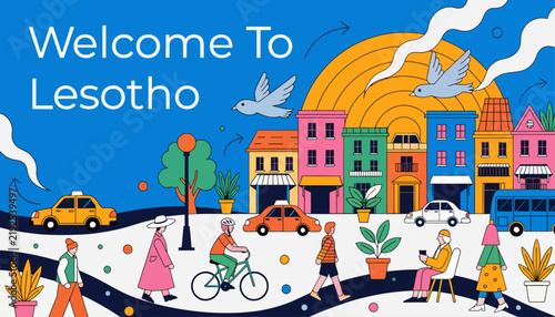Welcome To Lesotho Vibrant Cityscape with Diverse People and Transportation - South Africa Tourism