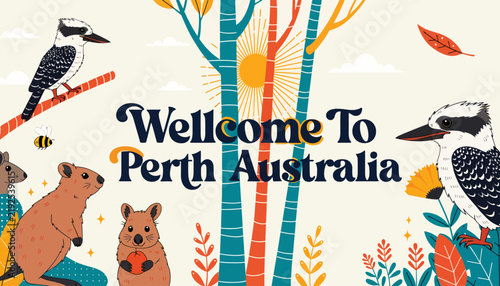 Welcome To Perth Australia - Quokka, Kookaburra, Nature & City Greeting Illustration