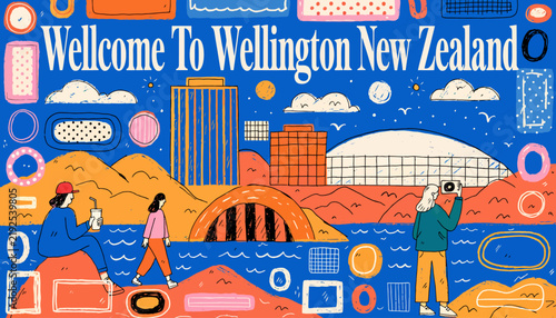 Welcome to Wellington, New Zealand, colorful cityscape illustration