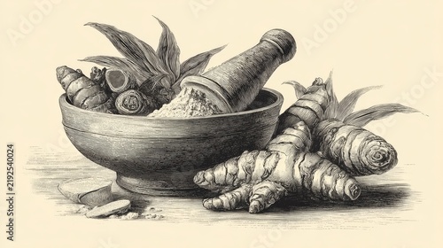 Engraving style turmeric drawings highlighting texture of rhizome root and curcuma powder bowl in monochrome vector detail