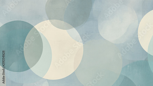 Modern minimalist wallpaper featuring large overlapping translucent circles of different scales, carefully balanced composition with some circles extending beyond the frame, muted blue