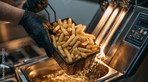Fast food restaurant worker lifting a basket of golden french fries from a deep fryer