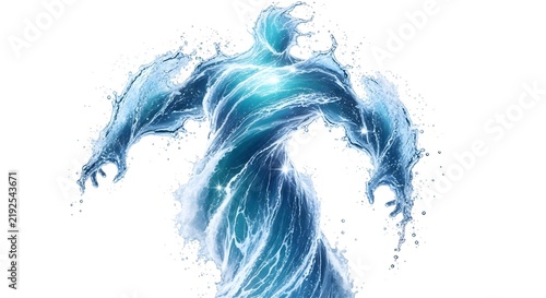 Abstract blue water splash man figure standing in a dynamic powerful hero pose
