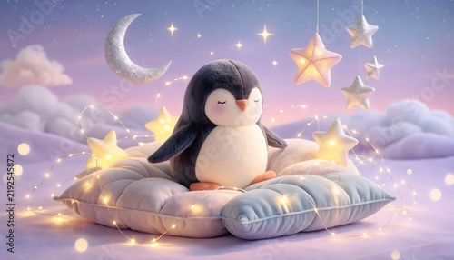 Cute Plush Penguin Dreamy Celestial Night Scene