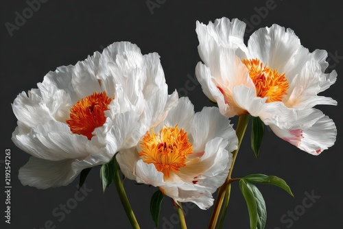 Three white peonies with vibrant orange centers bloom against a dark moody backdrop with soft studio lighting