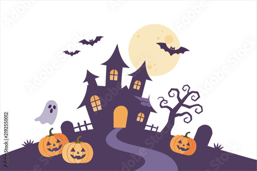 Halloween haunted house with full moon, ghost, bats, and pumpkins in flat 2D style. Vector illustration for spooky night background.