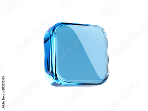 Glossy blue glass square button isolated on a white background with soft reflections