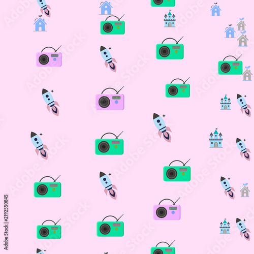 Pattern of radios, rockets, houses, and castles