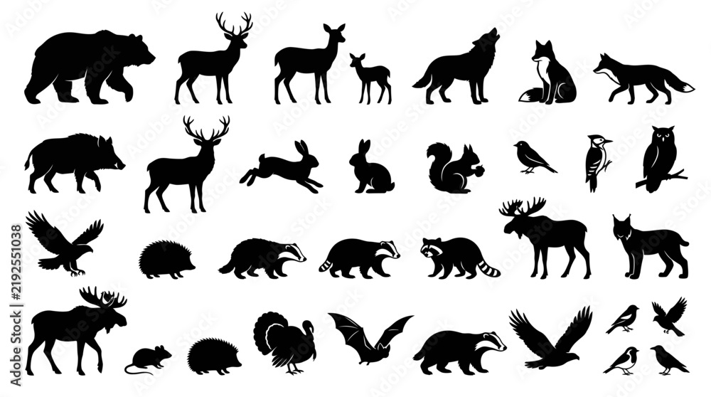 Obraz premium Large collection of forest wildlife silhouettes featuring bear, deer, wolf, fox, moose, eagle, owl, badger, and raccoon. Black vector icons of wild animals isolated on white background.