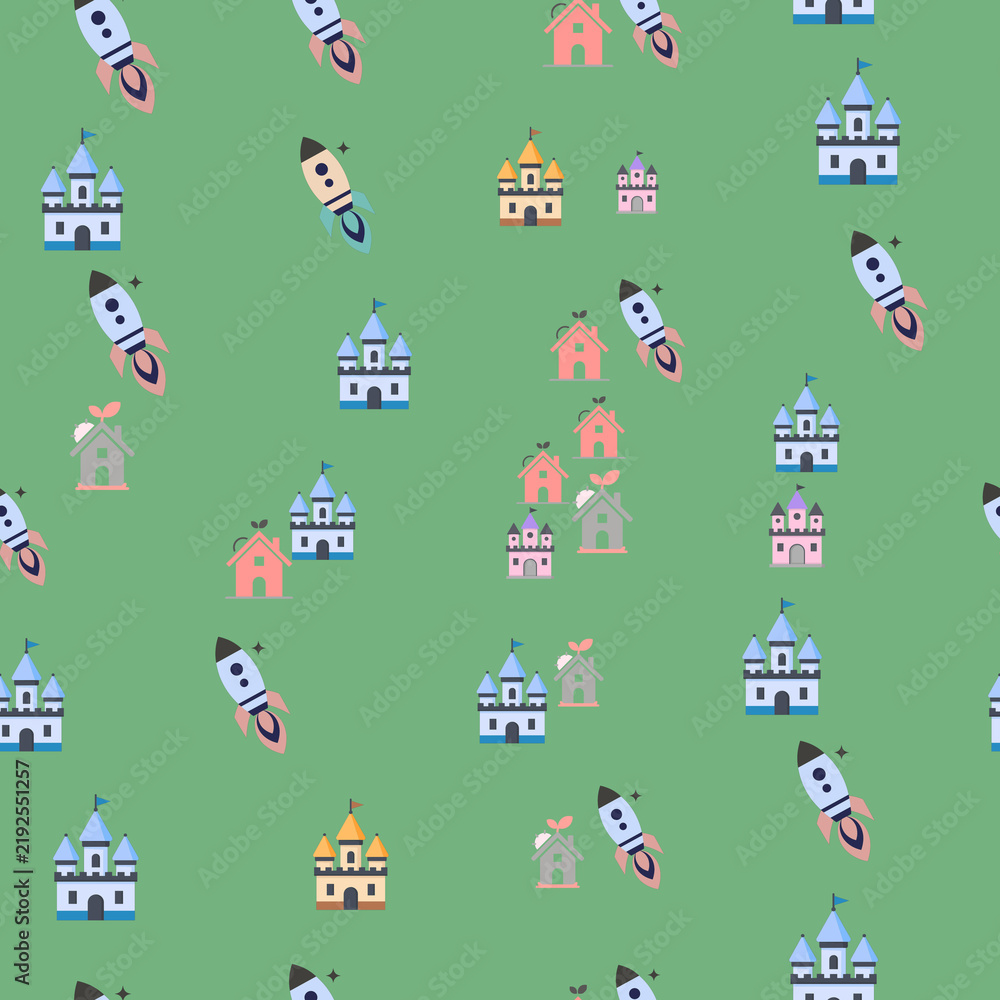 Fototapeta premium Seamless pattern of cartoon rockets and houses