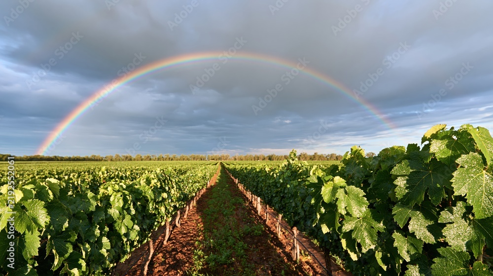 Obraz premium Rainbow arches over rows of green vineyard under
