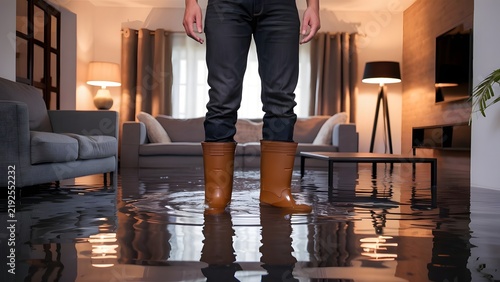 Home flooding damage with person standing in water wearing rubber boots inside living room after pipe leak or storm disaster representing property damage emergency cleanup insurance and restoration