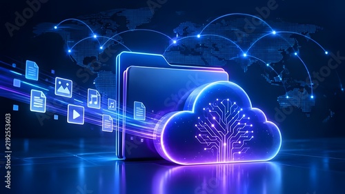Futuristic cloud computing and data storage concept with glowing folder and global digital network connections