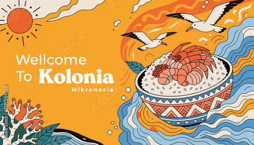 Welcome To Kolonia Mikronesia: Tropical Island Scenery with Seafood & Seabirds Illustration