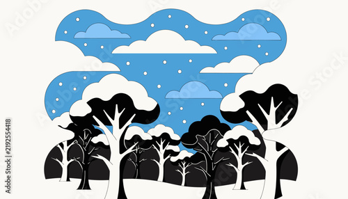 Winter Forest Landscape Illustration with Snowfall, Clouds, and Trees - Vector Art