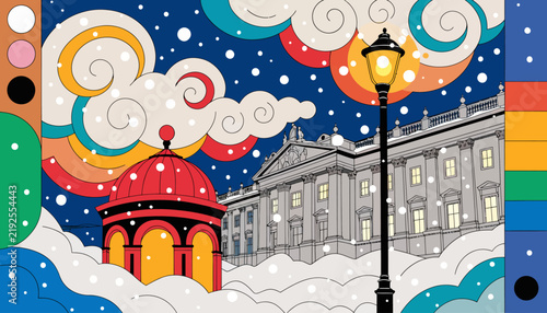 Winter Architectural Scene with Snowfall and Colorful Stylized Sky Above Classical Building