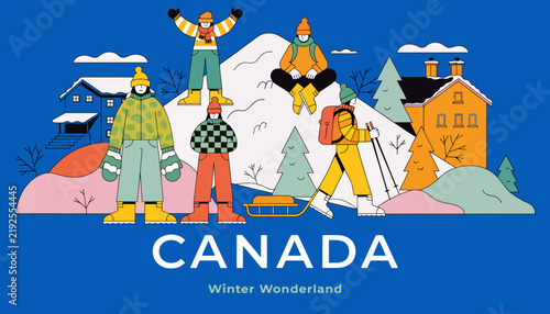 Winter Wonderland in Canada: Happy People Enjoying Snowy Outdoor Activities, Mountains, and Cozy Cabins