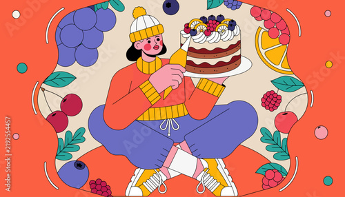 Woman Decorating a Layered Cake with Fresh Berries and Cream, Surrounded by Fruits and Leaves, Cozy Winter Scene