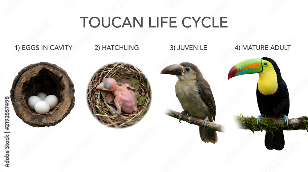 Obraz premium Toucan life cycle diagram showing four stages: eggs in cavity, hatchling, juvenile, and mature adult toucan