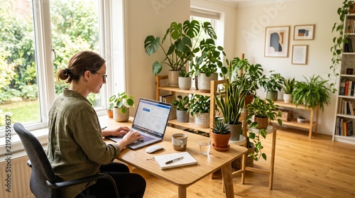 Woman working on laptop at home office surrounded by lush green houseplants and natural light