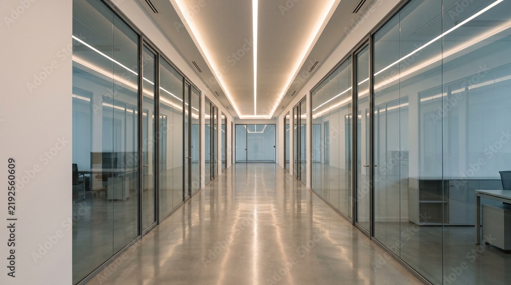 Fototapeta premium Modern minimalist office corridor with glass partitions and bright recessed ceiling lighting