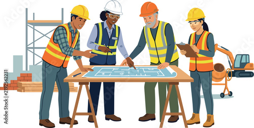 Diverse team of construction workers and engineers analyzing blueprints together at a building site vector illustration