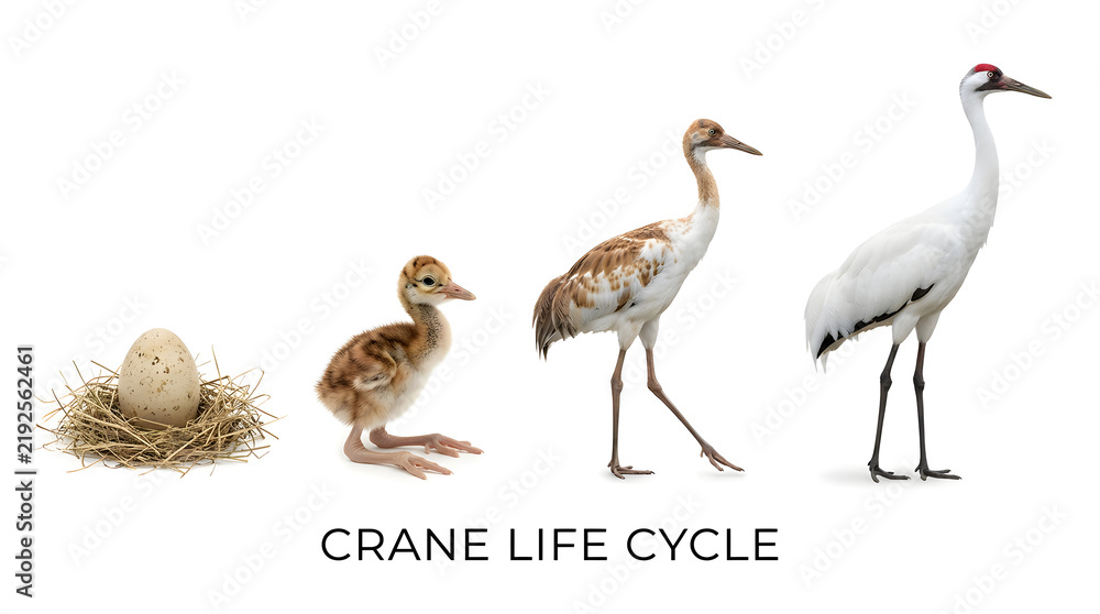 Fototapeta premium The life cycle of a crane from egg to adult bird. A clear illustration showing the different stages of growth