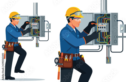 Male electrician working on electrical circuit breaker box wearing safety gear and tool belt vector illustration