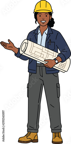 Smiling African American female engineer wearing hard hat and holding blueprints presenting vector illustration