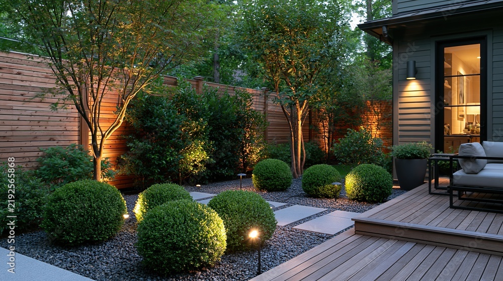 Obraz premium Modern backyard garden with illuminated shrubs and wooden